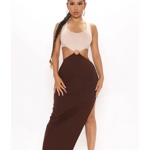 Hello Baby cut out block color Maxi Dress - Brown/combo size M - Picture 3 of 14